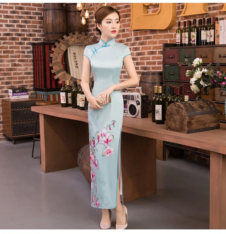 Sheng Coco Китайский ветер длинное шелковое Qipao платье с цифровым принтом Qipao Cheongsam платья светло-голубые китайское винтажное вечернее платье