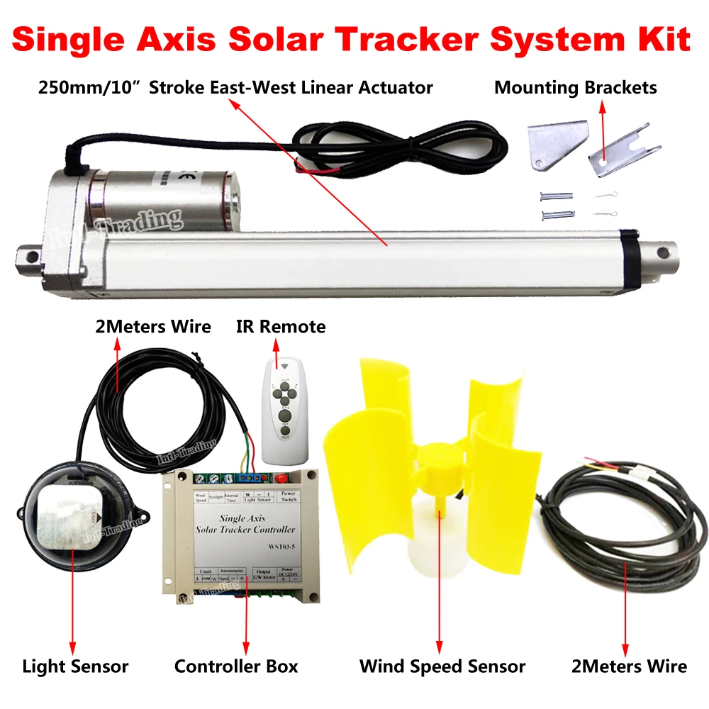 

1000W KW Single Axis Solar Tracking Tracker 10" Linear Actuator DC12V Motor Controller Anemometer Complete Sunlight Track System