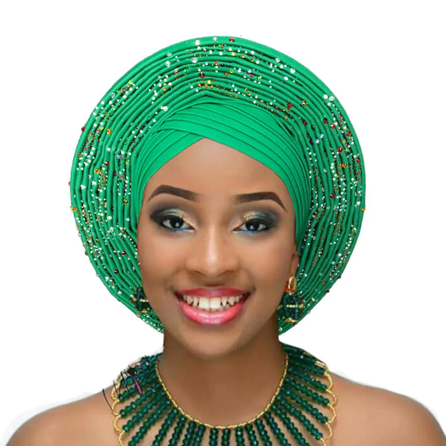 Модные африканские headtie aso oke headtie красивые Африканский тюрбан aso ebi шипованных Авто геле Африканский тюрбан оголовье - Цвет: green