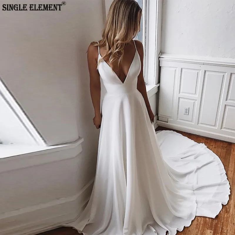 

SINGLE ELEMENT V Neck Backless Lace Boho Beach Wedding Dresses
