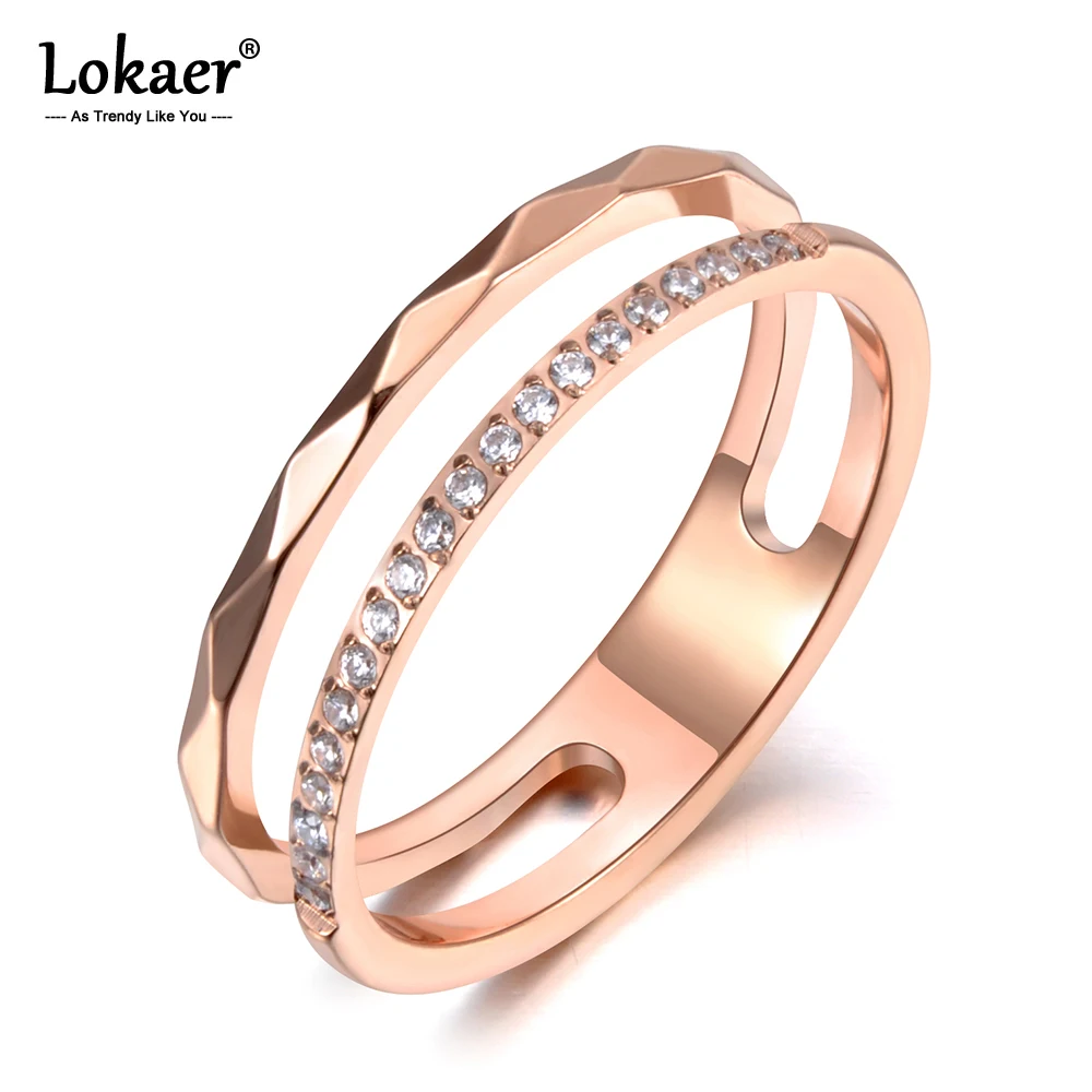 

Lokaer Titanium Stainless Steel Cut Face Ring Trendy Mosaic CZ Crystal Rose Gold Wedding Rings Jewelry For Women Girls R19063
