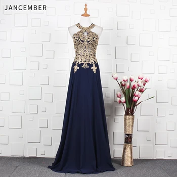 

JANCEMBER Heavy Beading Evening Dresses Halter Neck Sleeveless Zipper Back Crystal Lace Applique Pattern Illusion robe soiree