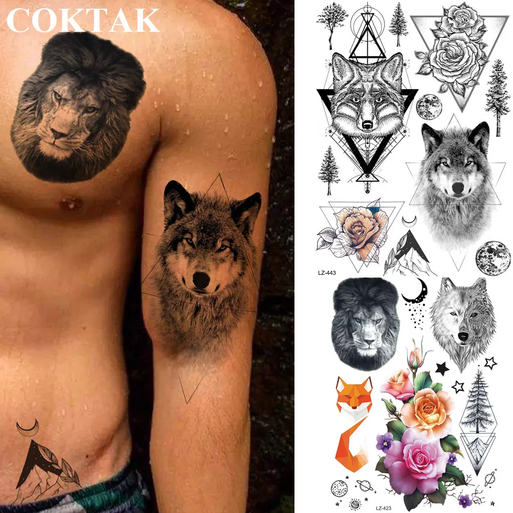 

COKTAK Tribal Wolf Geometric Rose Triangle Temporary Tattoos Sticker Mountain Tree Flower Custom Tattoo Body Art Fake Tatoos