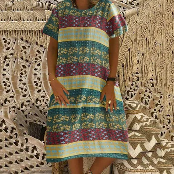 

Women Summer Dress Retro Casual O Neck Short Print Cotton Linen Loose Pockets Party Clothes Summer Beach Dress 2019