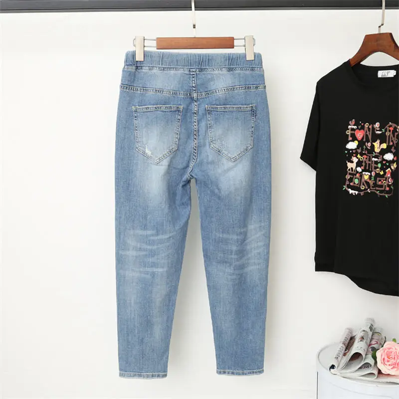 L-5XL Boyfriend Jeans Women With High Waist Harem Pants Plus Size Mom Jeans Streetwear Casual Elastic Vintage Jeans Femme Q1106