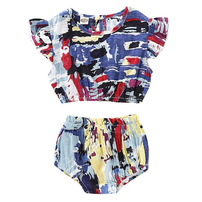 

NewPulloverSleeveless Summer Baby Girl Casual Flare Sleeve Tops Floral Print T-shirt With Briefs PP Shorts Outfits Set