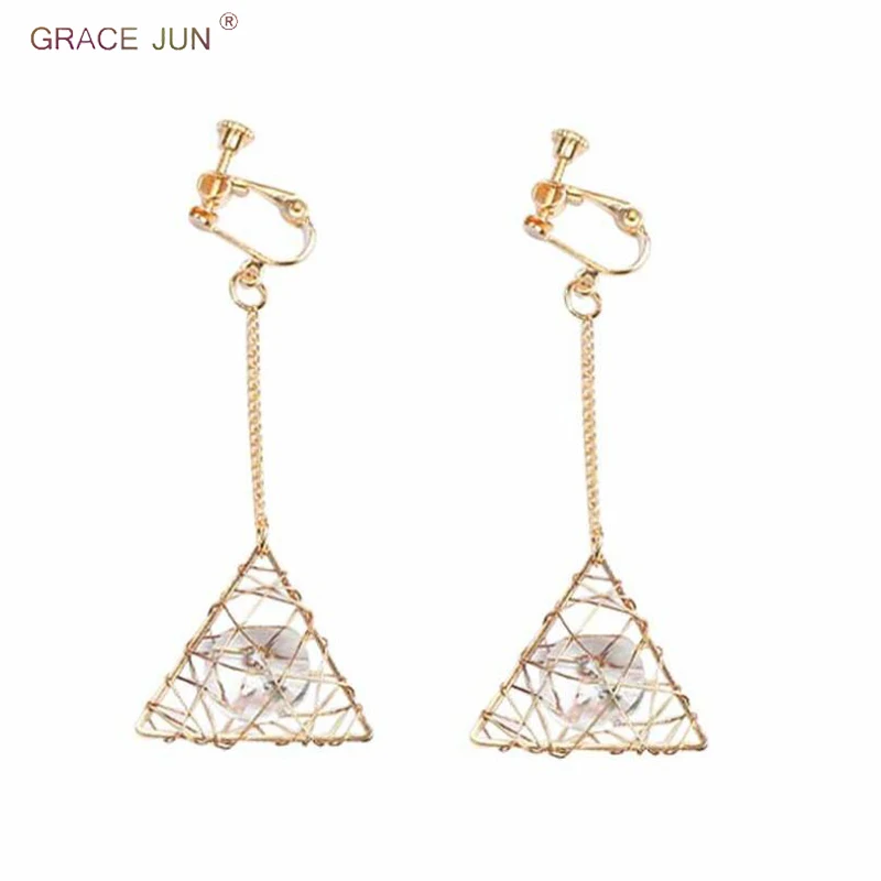 Бренд Grace Jun корейский стиль кристалл треугольник золотого цвета цветок Сердце Звезда клип на серьги для женщин милые без отверстия серьги