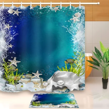 

LB Starfish 3d Waterproof Blue Sea Shower Curtains Liner With Bath Mat Set Polyester Bathroom Curtain Fabric for Bathtub Decor