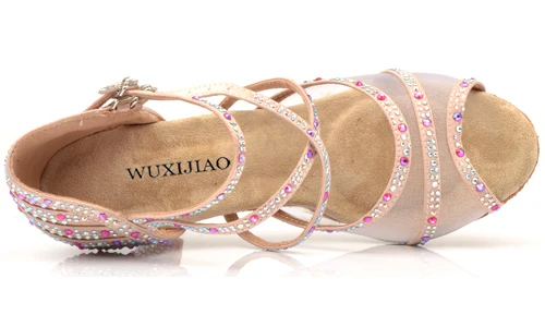 WUXIJIAO танцевальная обувь Женская Кроссовки "Сальса" танцевальная обувь атласная и сетчатая Удобная бальная танцевальная обувь коричневый красный абрикосовый черный - Цвет: skin heel 6cm