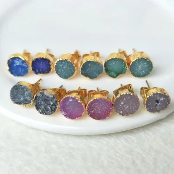 

4 pair Mixed Color 8mm Round Druzy drusy Stone Gold color Natural crystal druse Titanium Stud Earrings ER52