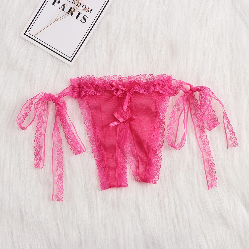 

Women's Panties Sexy Erotic Ultra-thin Open Crotch G-string Hollow Lingerie Double Bowknot Lace Underwear Floral Seamless Briefs