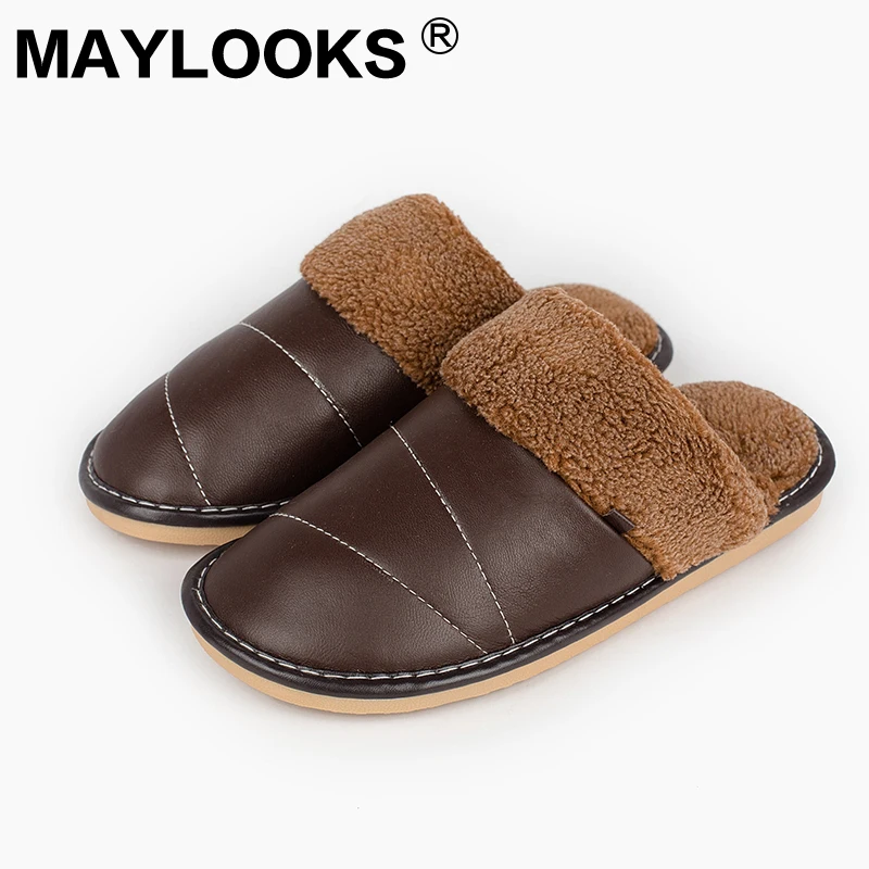 

Men's Slippers Winter genuine Leather Thick With Plush Home Indoor Non-slip Thermal Slippers 2018 New Hot Sale Maylooks Tb015