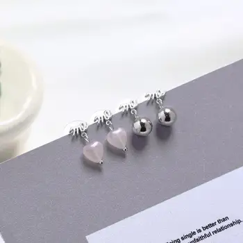 

HRina Letter "ME" S925 Sterling Silver Earrings Heart Rose Quartz & 8mm Round Ball Drop Earrings For Lover Wholesale