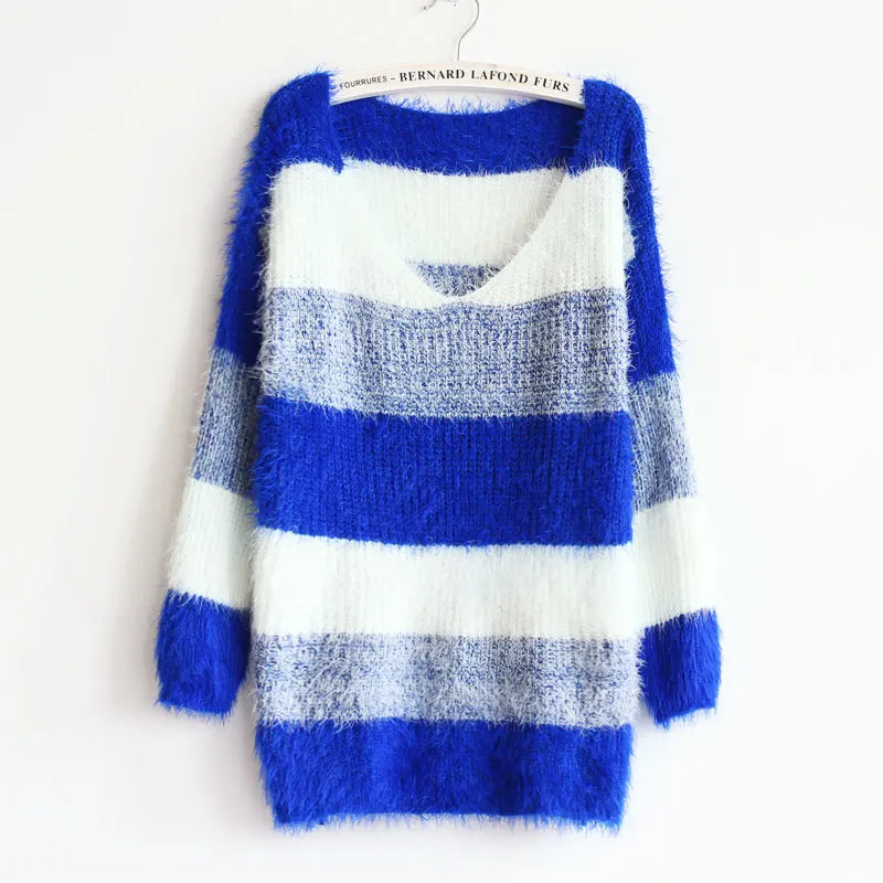 Осенне-зимний женский свитер, корейский Тонкий Свободный пуловер, мохеровый хеджирующий джемпер в полоску, толстый Корейский джемпер Vestidos LXJ058