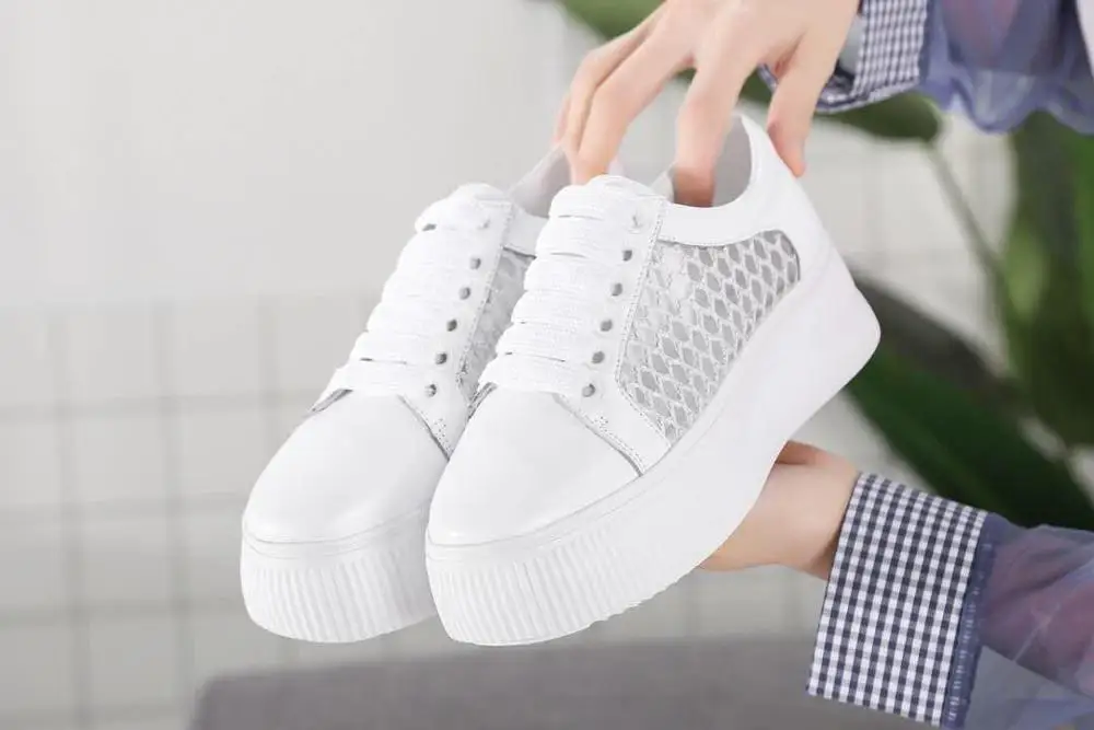 2019 New Fashion Breathable Air Mesh Women's flat platform Casual Shoes Comfortable Woman Sneakers Genuine Leather White Shoes