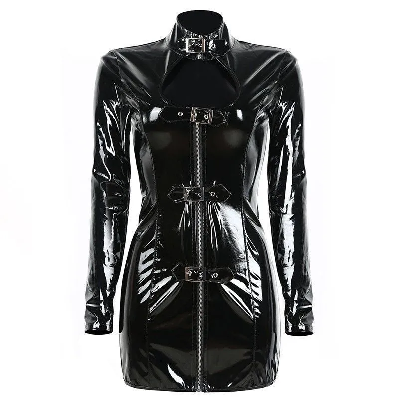 S-XXL, модное женское платье с пряжкой из ПВХ и латекса, черное сексуальное клубное мини-платье из искусственной кожи с длинными рукавами и застежкой-молнией - Цвет: Черный