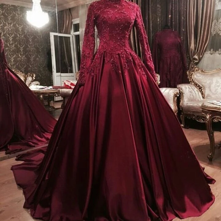Женское платье с длинным рукавом длинное красное кружевной аппликацией и