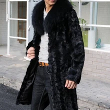 Сезон Зима Для мужчин искусственный Лисий меховой воротник длинное пальто из искусственного меха куртки для мужчин, есть плюс размеры черного цвета на меху, верхняя одежда Повседневное плюс Размеры Меховая куртка XXXL W631