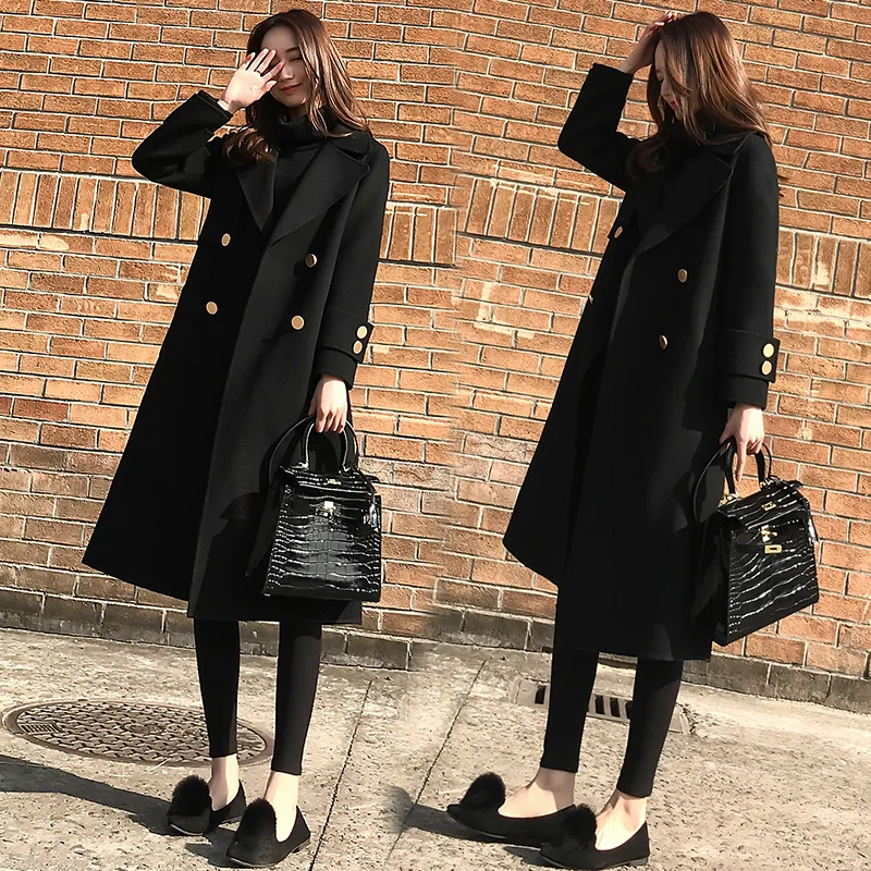 

Ms. 2019 autumn and winter new Korean version of the loose thin woolen coat female long section black woolen coat fashion Women