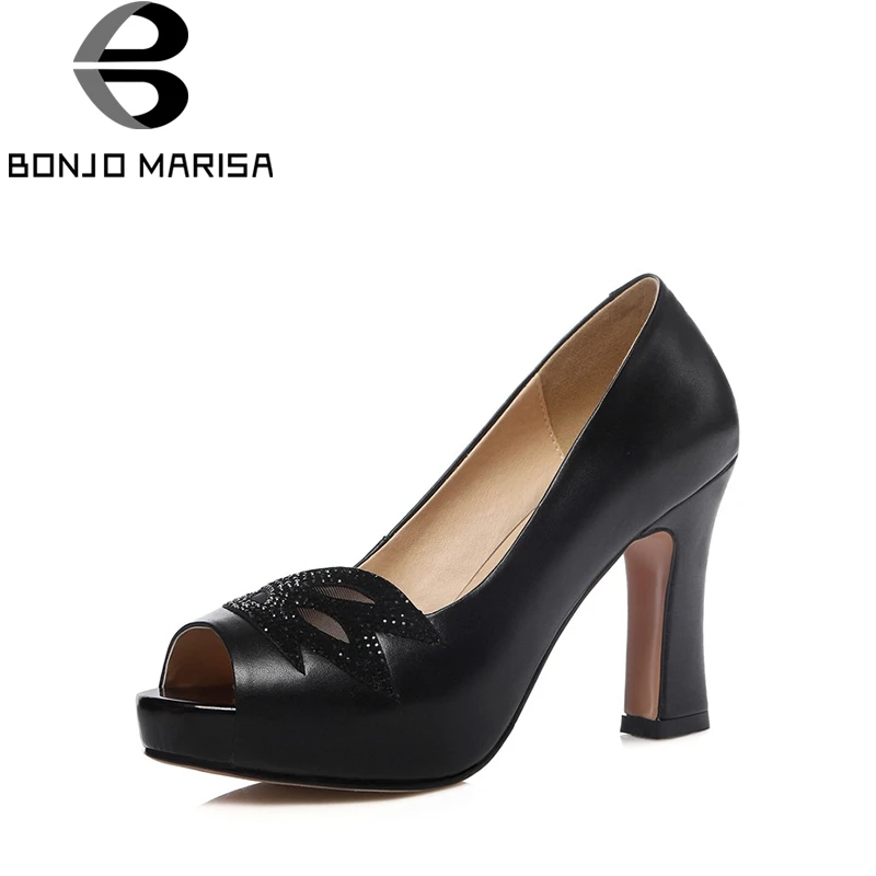 

BONJOMARISA 2019 Spring Autumn Genuine Leather Elegant Peep Toe Bling Pumps Shallow Big Size 33-40 High Heels Party Shoes Woman