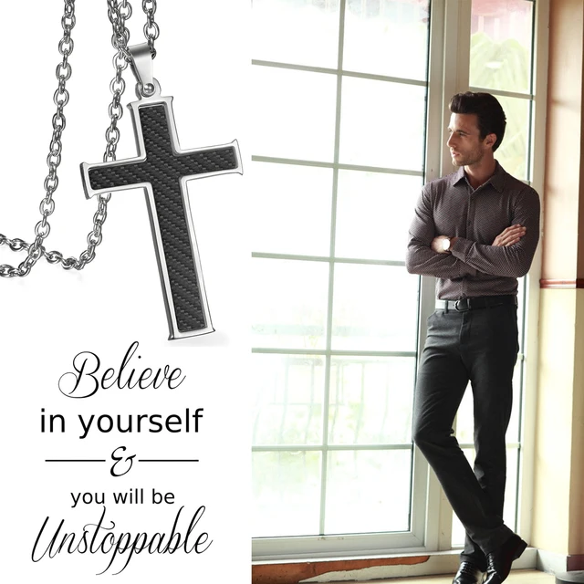 BONISKISS Carbon Fiber Stainless Steel Men's Cross Necklace 21.5 Inch - Image 5