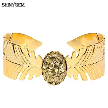 

ShinyGem Gold Feather Bangles Bracelets Colorful Oval Druzy Stone Bracelet Vintage Big Feather Wings Open Cuff Bangles For Women