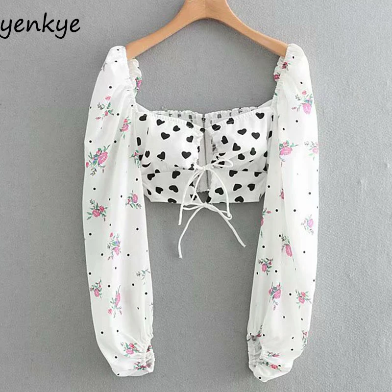 

Fashion 2019 Patchwork Floral Print Crop Top Women Front Hollow Out Drawstring Bandage Strapless Long Sleeve Summer Sexy Tops