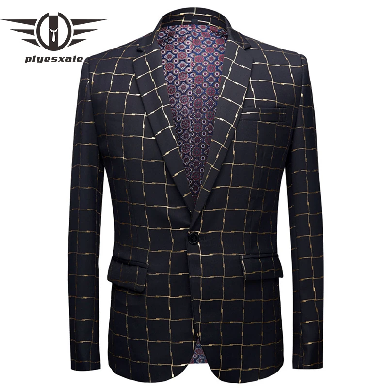 

Plyesxale Stylish Black Gold Plaid Blazer Jacket 2018 Autumn Casual Blazers For Men Stage Singer Blazer Masculino Slim Fit Q484