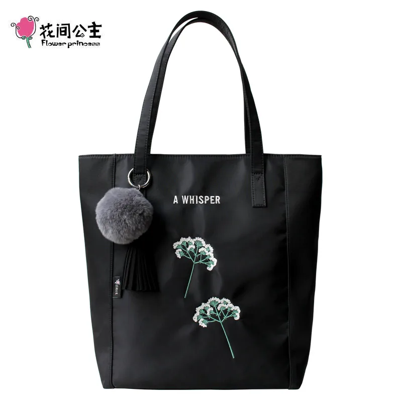 Черная большая сумка-тоут с цветком принцессы, с кисточкой с узорами, женская сумка через плечо,, женские ручные сумки, женская сумка - Цвет: Черный