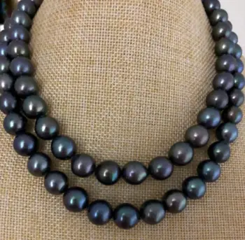

double strands 10-12mm Tahitian round black green pearl necklace 18"-19"