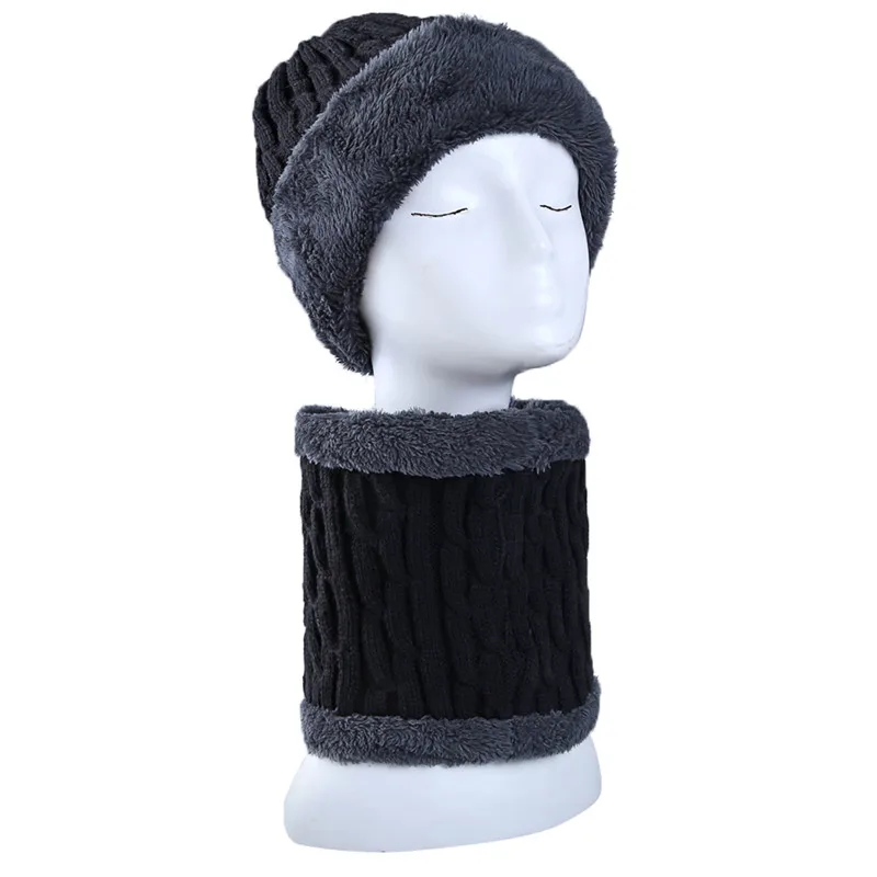 AZUE теплая зимняя шапка шарф теплая вязаная флисовая шапка шарф вязаная шапка бини шарф набор - Цвет: Black
