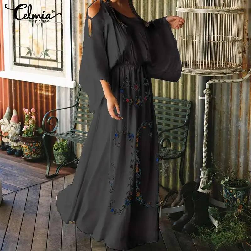 

Oversized Dress Celmia Women Sexy Off Shoulder Print Maxi Dress 2019 Summer Casual Loose Pleated Long Shirt Vestidos Beach Robe