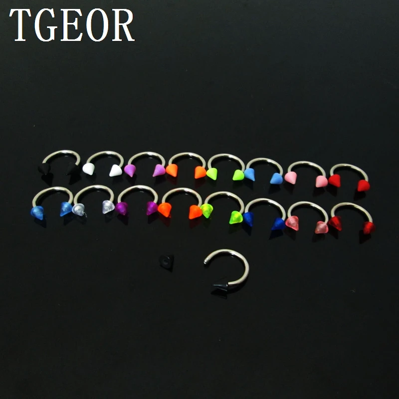 

hot wholesale free shipping horseshoe piercing mixed colors 100pcs 1.0*8*3/3mm spike cone acrylic circular barbell ring