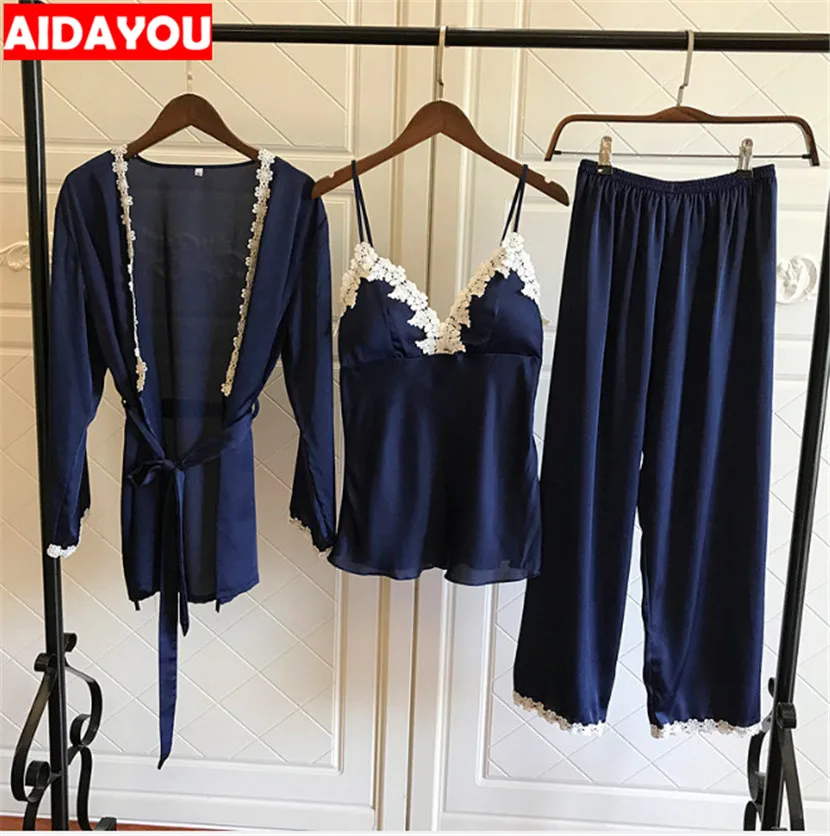 

ADAYOU Satin Pajamas set Women Elegant 3 pieces Sleepwear Female Sexy lace Pajamas Set Coat Vest Pants 2019 ouc3264