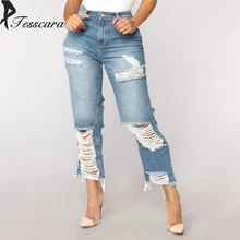 Для женщин тощий тонкий прямой повседневные джинсы брюки леди синий кисточкой большой рваные джинсовые лосины уличная джинсовый низ