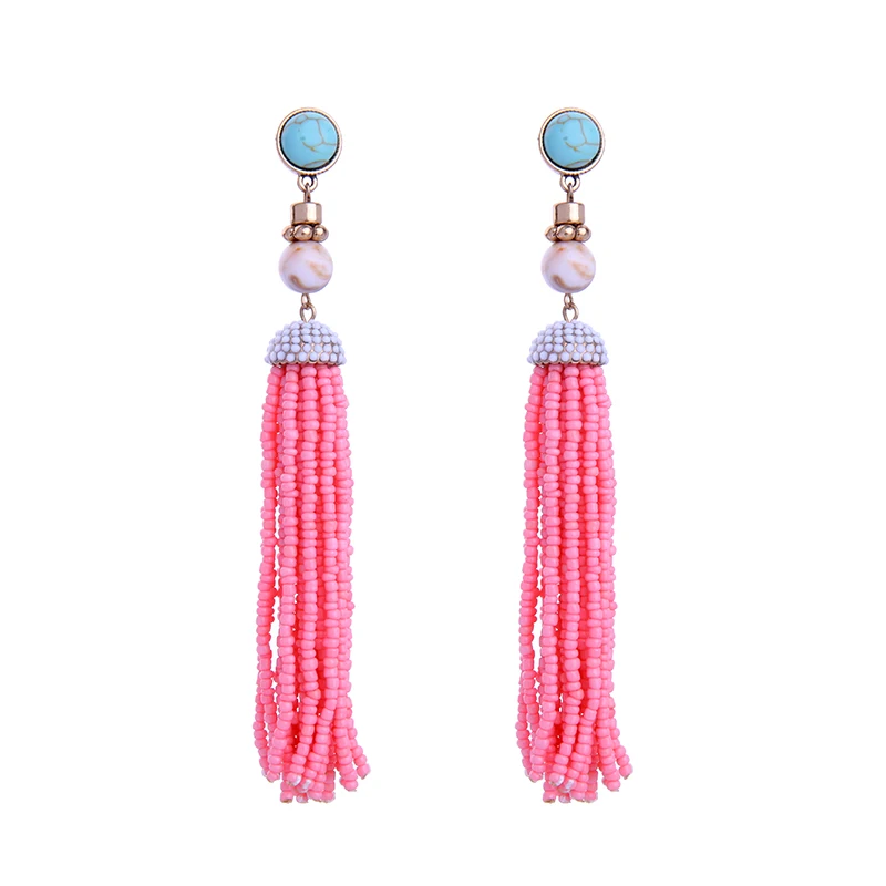 Pink/Blue/White Long Beads Fringe Tassel Earrings Fashion Bohemian