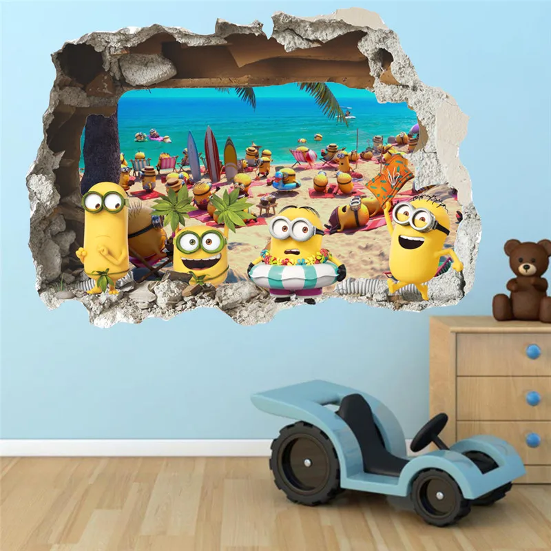 3D Wall Sticker Cute Yellow Boy On Holiday Smashed Window Baby Kids Room Bedroom Decoraton Vinyl Decals Art Mural Poster