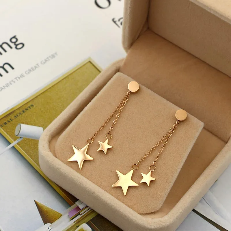 

Martick Rose Gold Color Earrings Double Stars Pendant Tassel Drop Earrings For Woman Europe Brand Jewelry E148