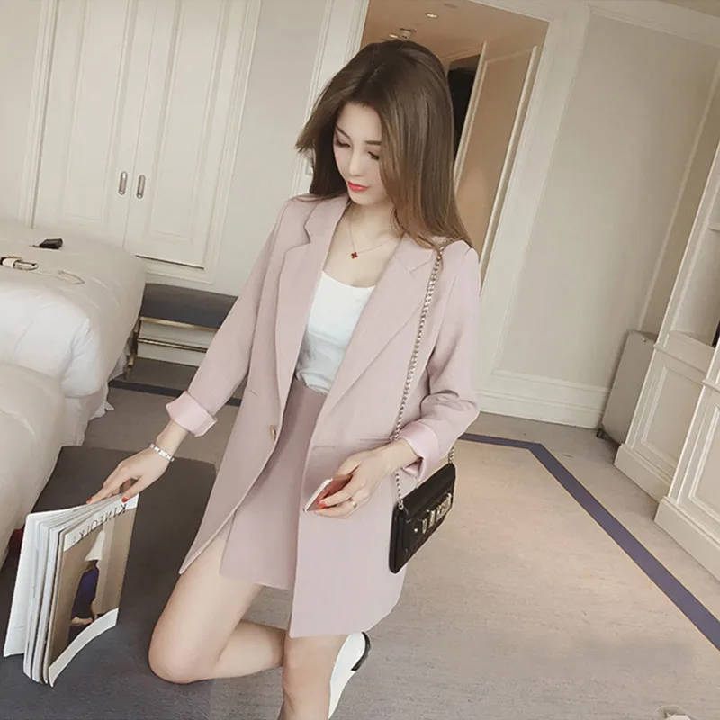 CBAFU Женский комплект, Корейский Осенний Блейзер, костюм с длинным рукавом, розовая полосатая куртка, шорты, офисный комплект из 2 предметов, темпераментные тонкие комплекты N611