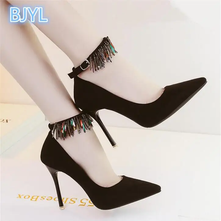 

BJYL 2018 autumn new word buckle pointed high heels fine with wild suede fashion sexy nightclub women's shoes 10cm