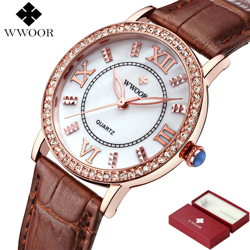 Brand Luxury Women Watches Red Leather Rhinestones Dress Casual Rose Gold Women Quartz Wrist Watch Ladies Clock Relogio Feminino