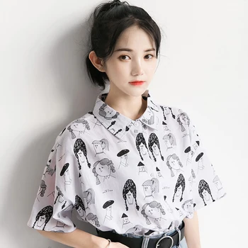 

Blusas Femima 2019 Summer Korean Retro Printed Shirt Lapel Short Sleeve Fashion Women Shirt Casual White Tops
