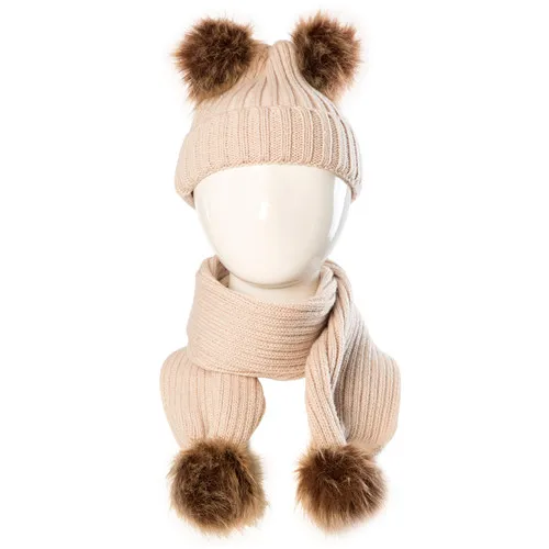 Puseky/зимняя теплая шапка для маленьких мальчиков и девочек, меховой шар-помпон, вязаная шапка, Теплая Шапка-бини, лыжная шапка+ шарф, набор головных уборов - Цвет: Beige