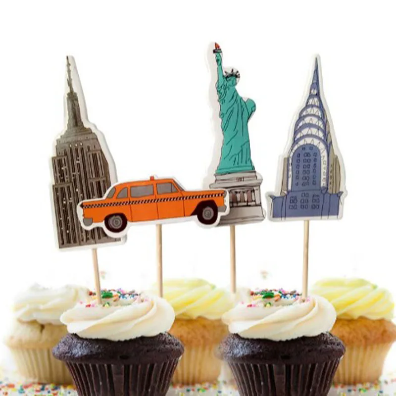 

24 Pcs/set Creative New York Empire State Yellow Taxi Statue Liberty Cupcake Topper Cake Decoration