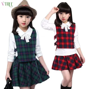 

V-TREE 2017 spring autumn girls clothing set plaid 3pcs/set cotton girls school uniform teenage clothes sets suits for girls