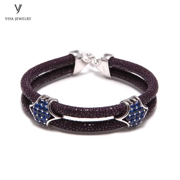 

Genuine Dark Purple Stingray Bracelet With 925 Sterling Silver Charming Hardware Stingray Leather Cord Bracelet Gift For Trendy