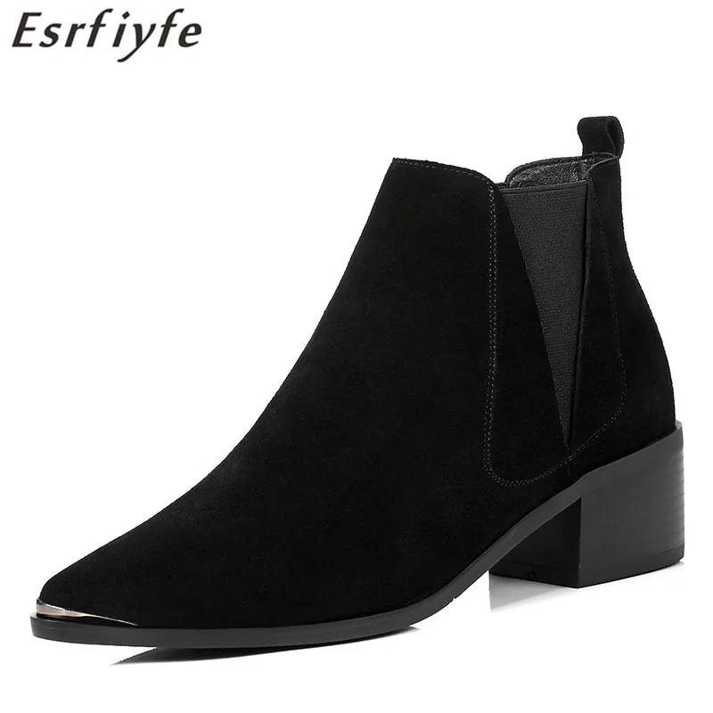 

ESRFIYFE New Fashion Black Gray Ankle Boots for Women Thick Heels Autumn Cow Suede Shoes Women High Heels Slip-on Botines Mujer