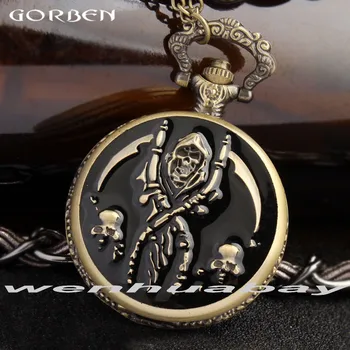 

2017 New Arrival Retro Bronze Black Death Holding The Sickle Pocket Watch Special Design Men Women Quartz Watch With Long Chain