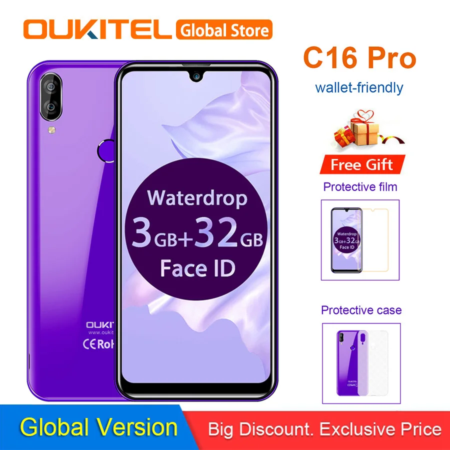 

OUKITEL C16 Pro 5.71'' Android 9.0 19:9 MT6761P 3GB 32GB Smartphone Fingerprint Face ID Waterdrop Screen 5V/1A 4G Mobile Phone