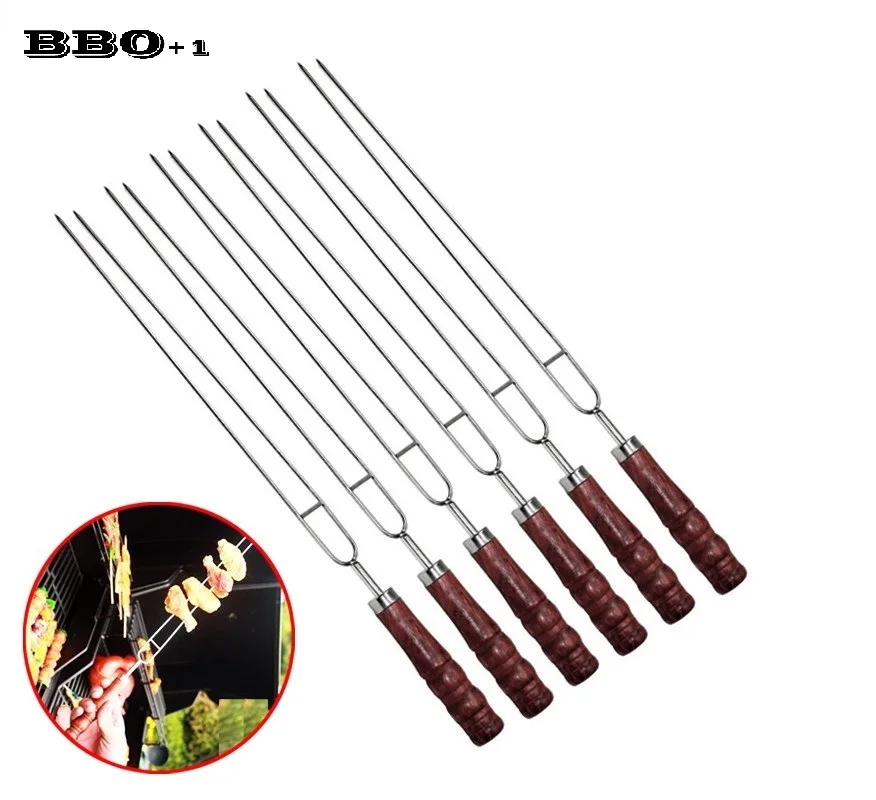 6pcs Stainless Steel U shaped Barbecue Skewers Needle with Wooden Handle Kebab Grilling BBQ